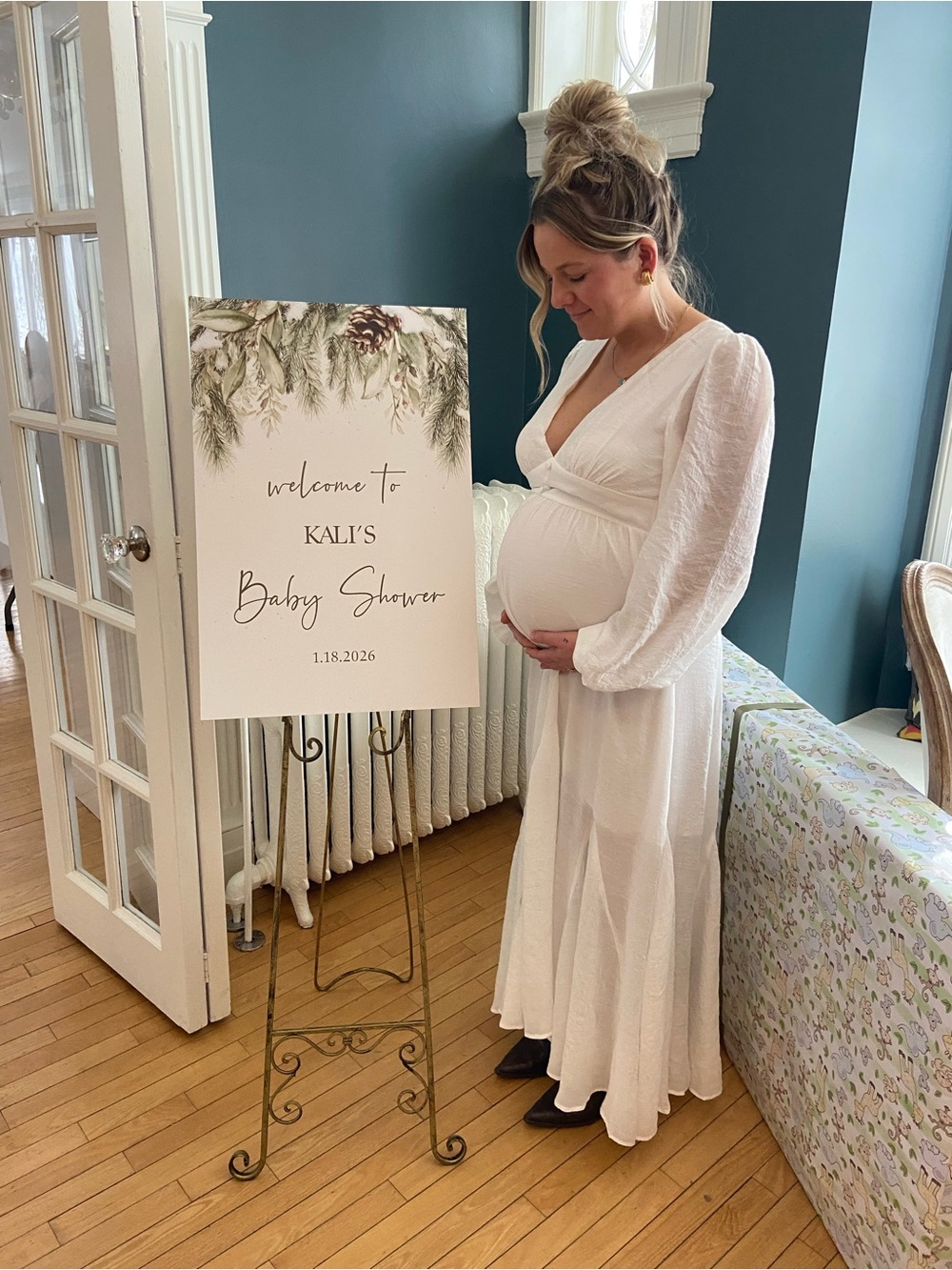 Women's White Maxi Dress with Long Puff Sleeves
